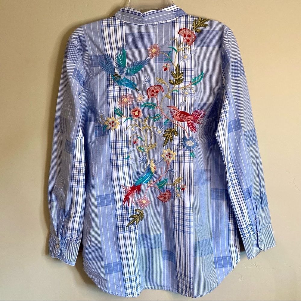 Johnny Was Zanzibar Button Down Shirt Floral Bird Embroidery Plaid Snaps Size XS - Picture 12 of 15
